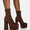Dominate Chocolate Nylon Platform Rounded Square Toe Block Heeled Ankle Boots