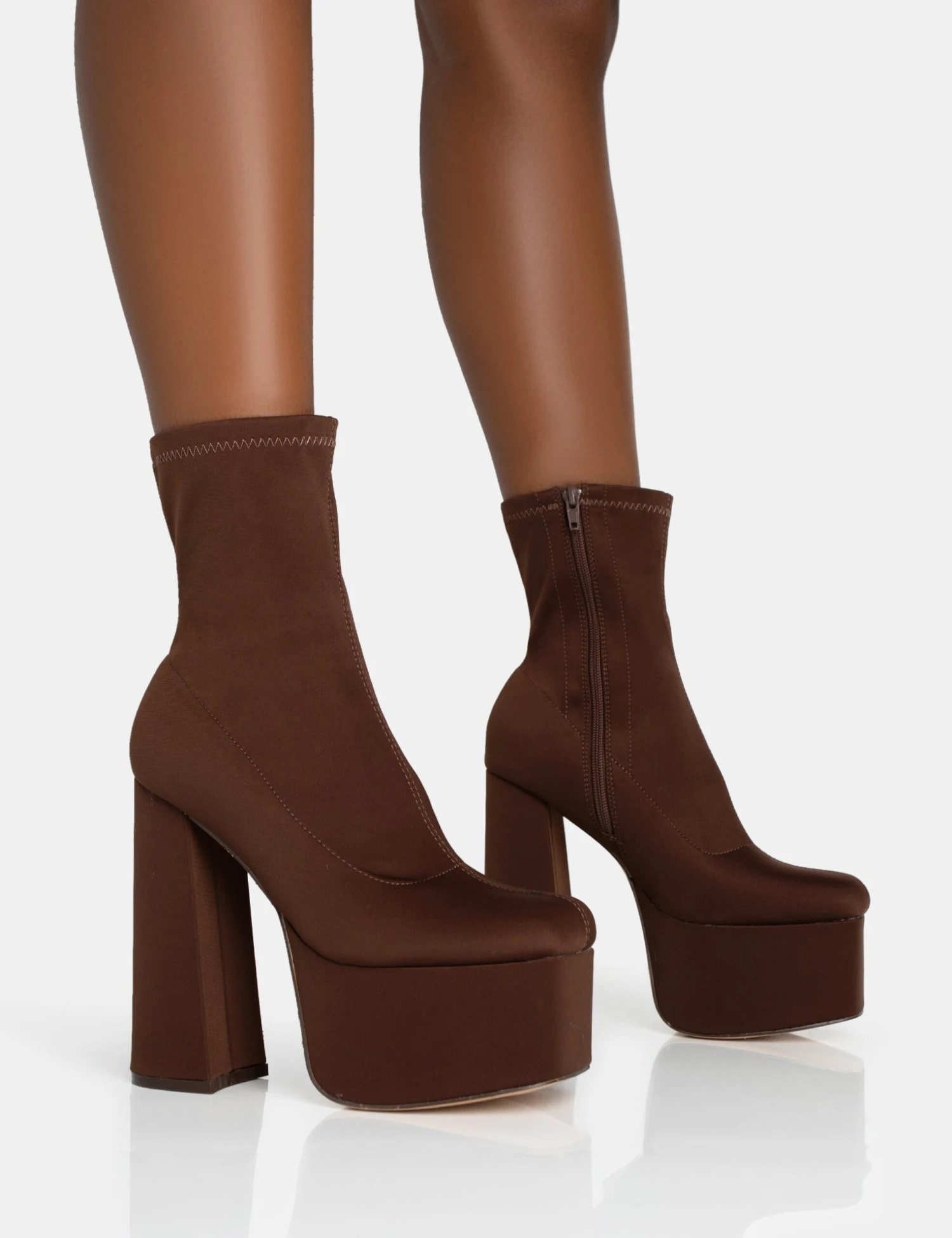 Dominate Chocolate Nylon Platform Rounded Square Toe Block Heeled Ankle Boots