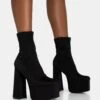 Dominate Black Nylon Platform Rounded Square Toe Block Heeled Ankle Boots