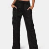 Split Hem Satin Elasticated Waist Wide Leg Cargo Trousers Black