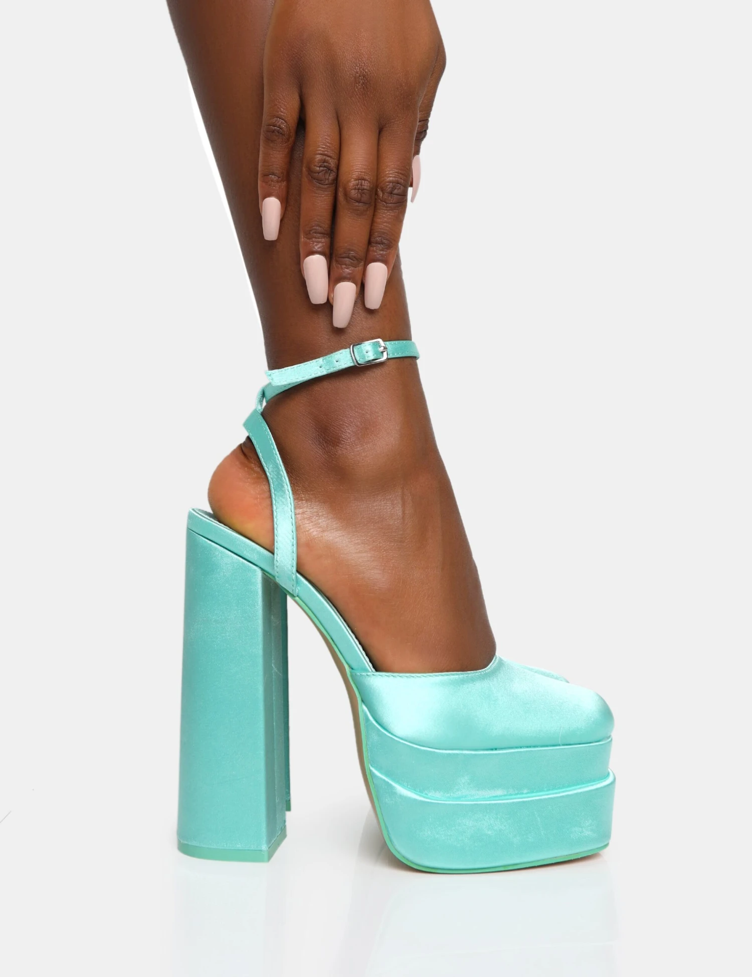 Moonchild Turquoise Satin Closed Toe Statement Platform Block Heels - Image 6