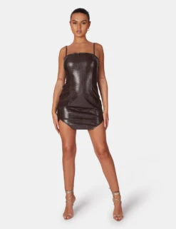 Square Neck Croc Hem Cut Out Mini Dress Chocolate