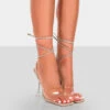 Bly Nude Patent Clear Perspex Cake Stand Lace Up Square Toe Heels
