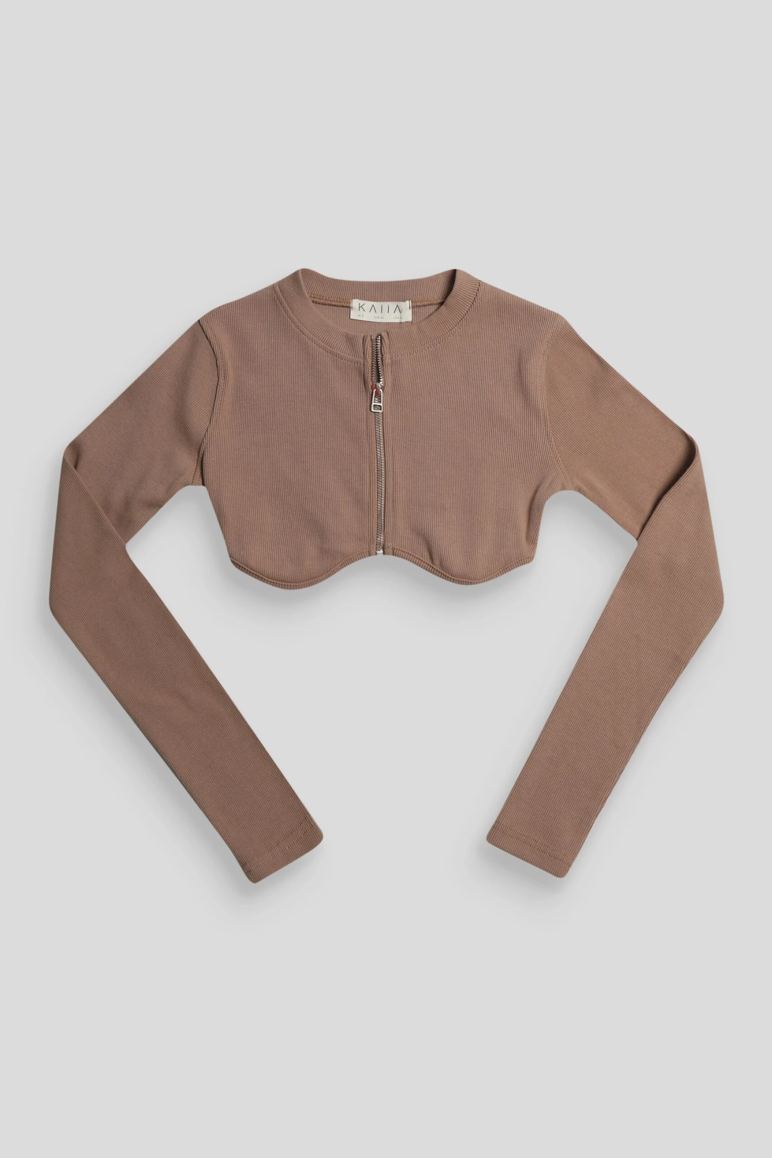 Zip Through Underbust Ribbed Top Sand - Image 6