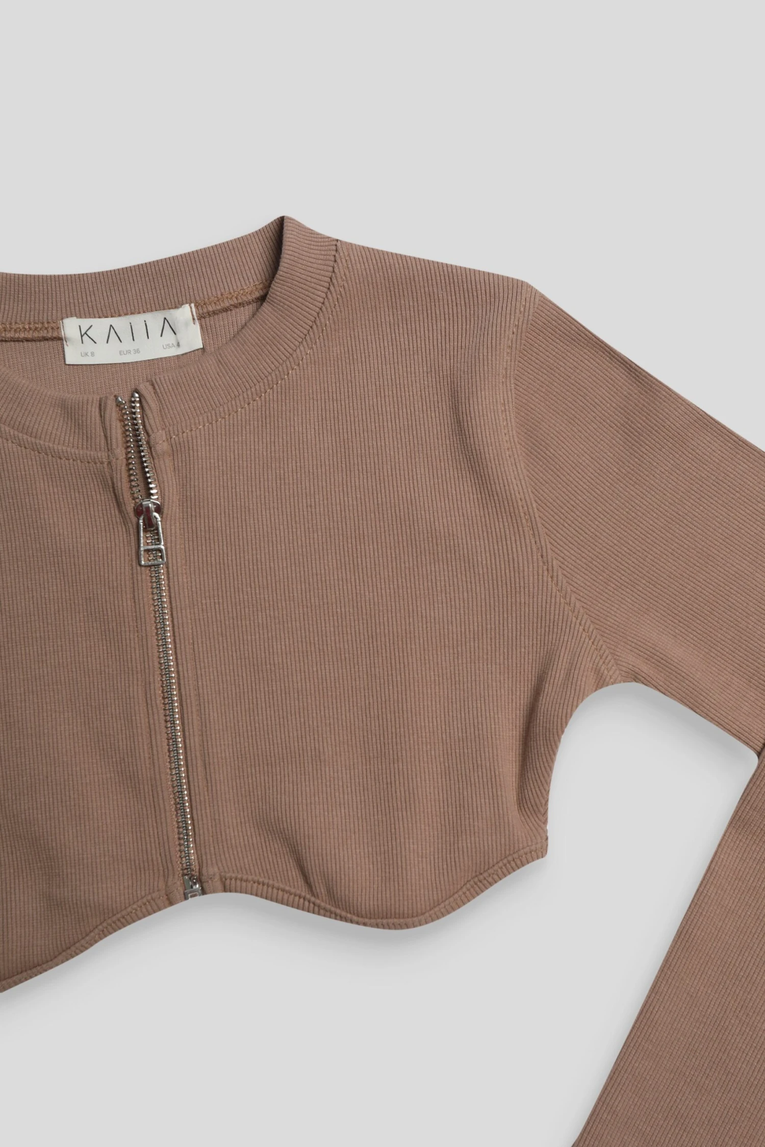 Zip Through Underbust Ribbed Top Sand - Image 5