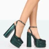 Moonchild Metallic Emerald Green Croc Closed Toe Statement Platform Block Heels