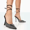 Galaxy Black Sparkly Diamante Pointed Court Stiletto Lace Up Wrap Around Heels