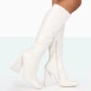Senna White Croc Pu Knee High Block Heel Boots