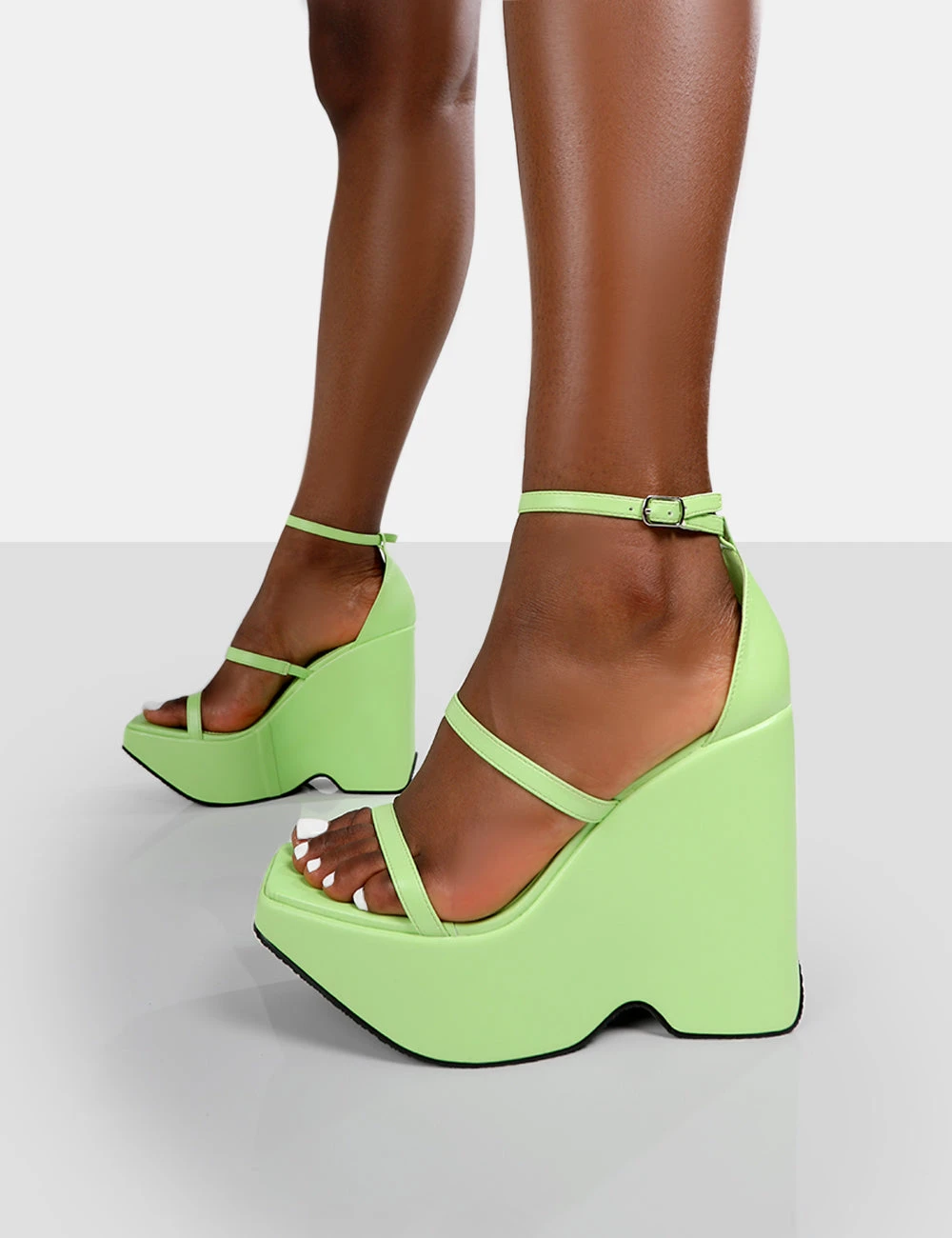 Duke Green Lime Strappy Square Toe Platform Wedge High Heels - Image 3