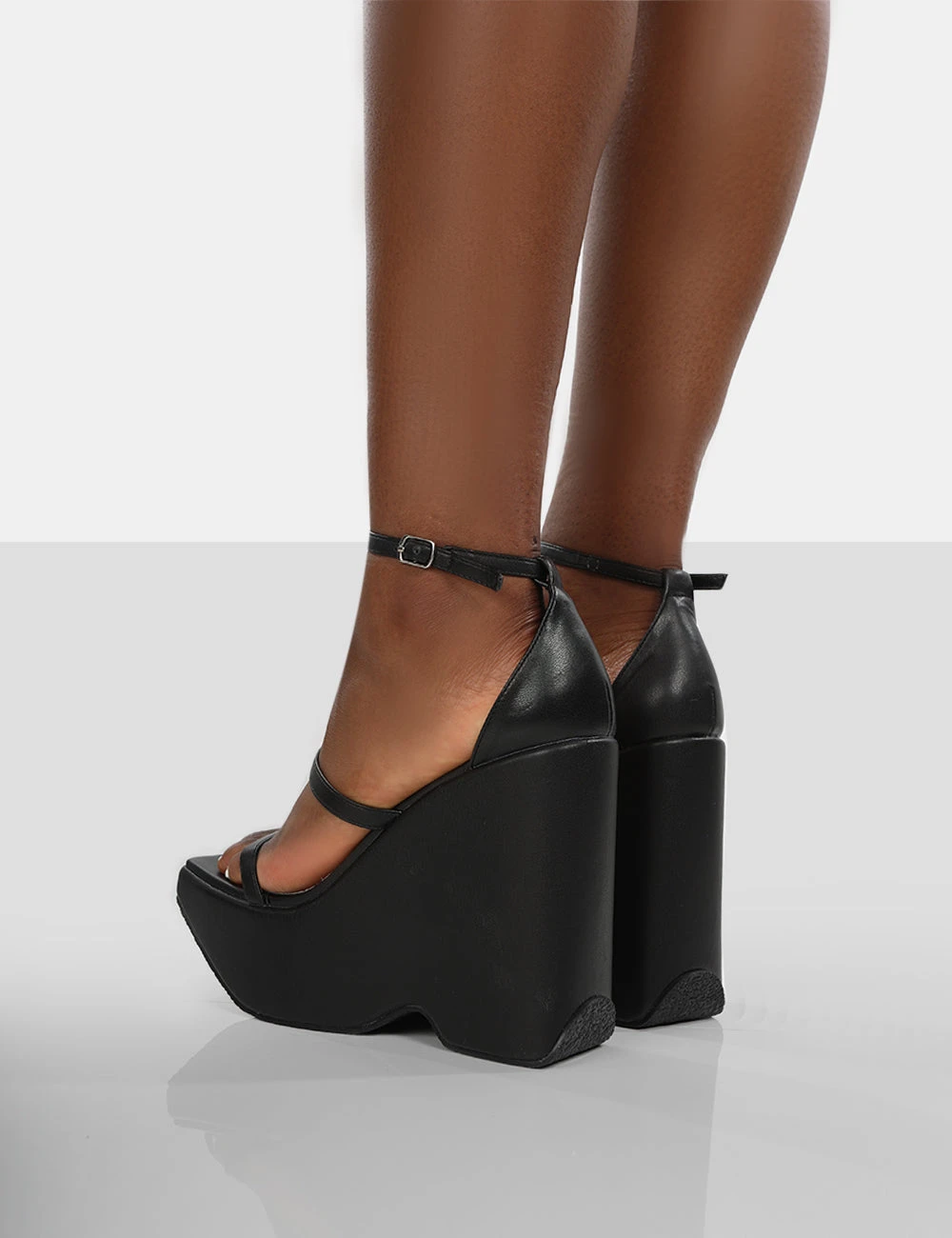 Duke Black Strappy Square Toe Platform Wedge High Heels - Image 2