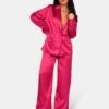 Satin Wide Leg Tailored Trousers Pink