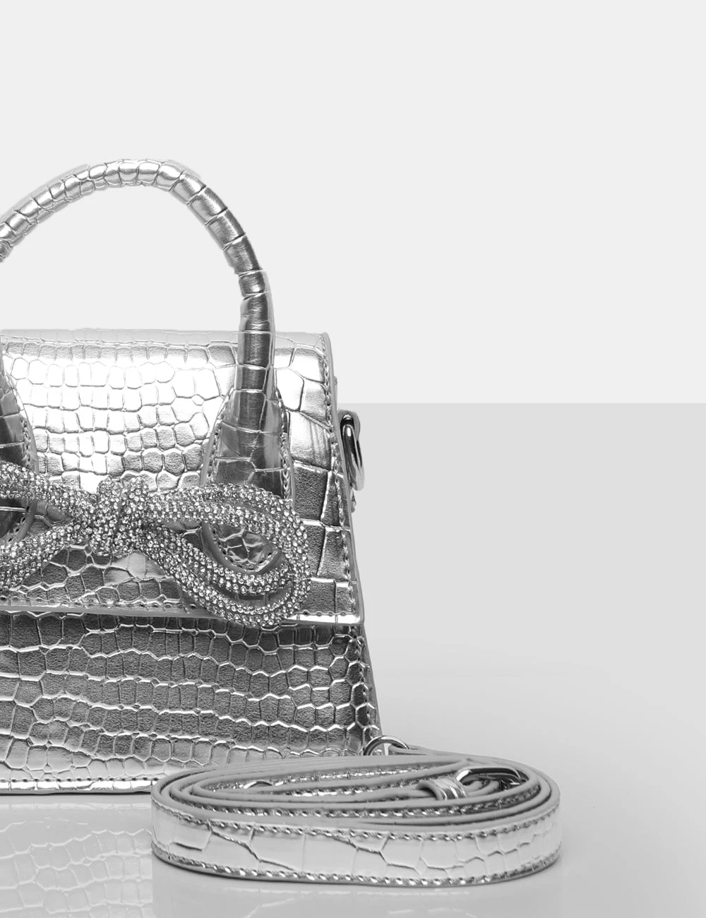 The Indy Silver Croc Pu Diamante Bow Mini Bag - Image 3