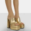 Sky High Gold Croc Chunky Platform High Heeled Mules