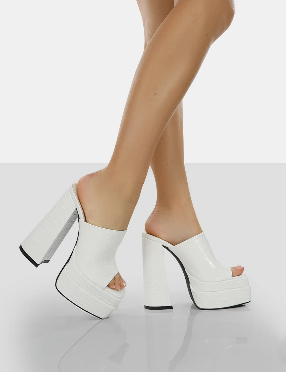 Sky High White Croc Chunky Platform High Heeled Mules - Image 2