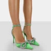 Midnight Green Satin Wrap Around Bow Pointed Toe Court Heels