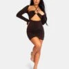 Slinky Ruch Bust Cut Out Long Sleeved Dress Chocolate