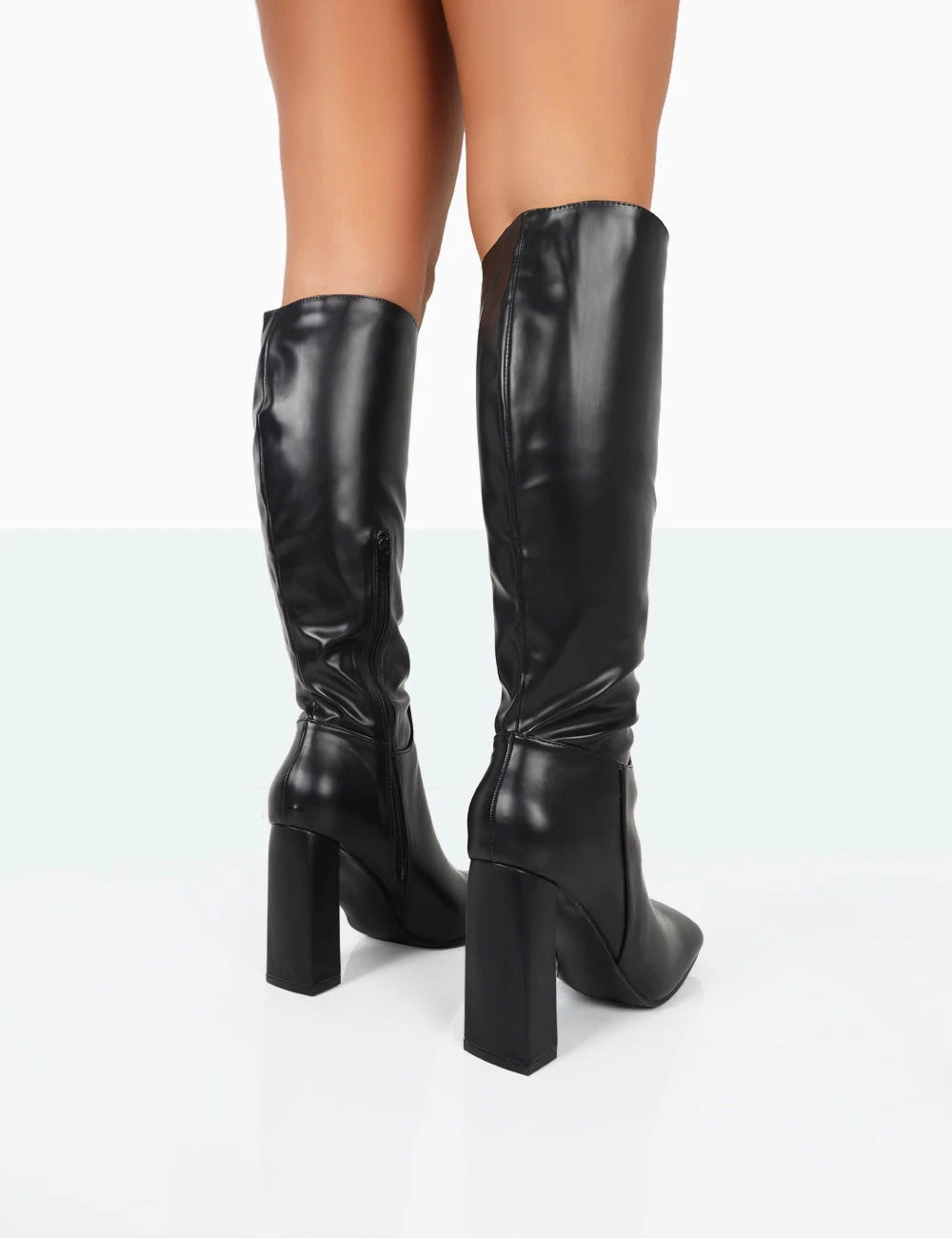 Gia Black Box PU Square Toe Block Heel Knee High Boots - Image 4