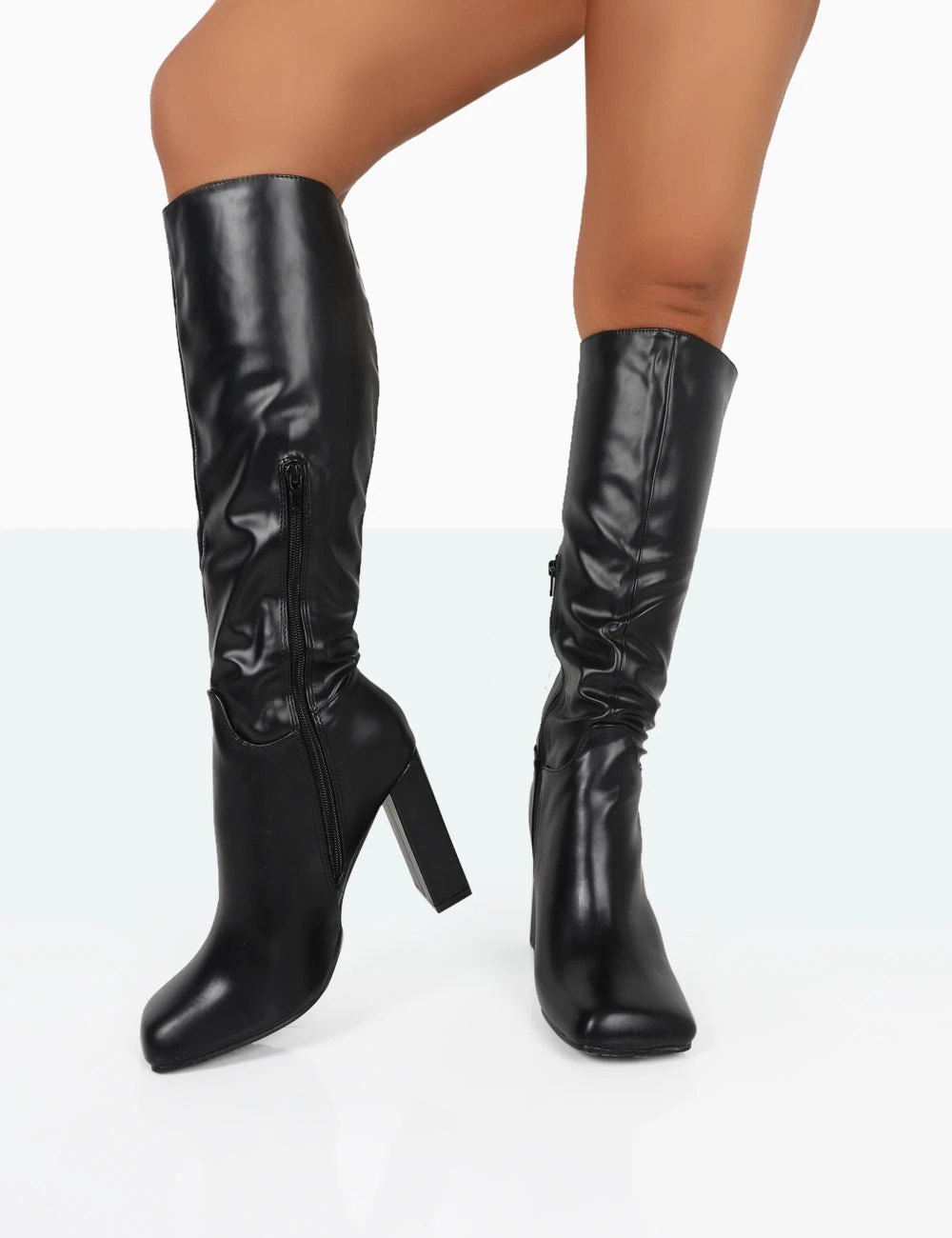 Gia Black Box PU Square Toe Block Heel Knee High Boots - Image 2
