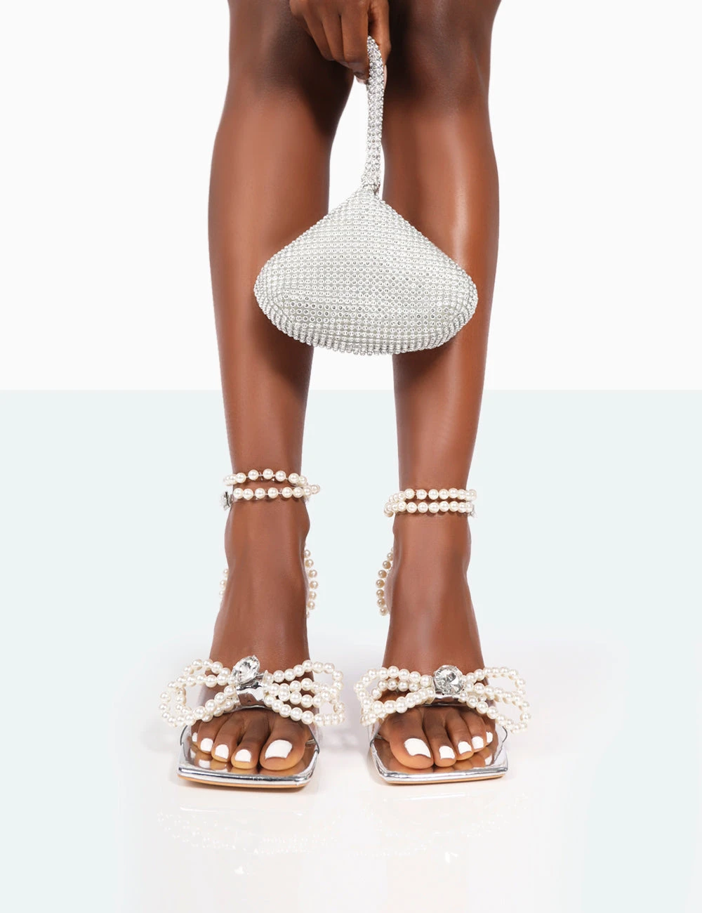 Hope Wide Fit Silver Metallic PU Clear Perspex Bow Strappy Mid Heels - Image 2