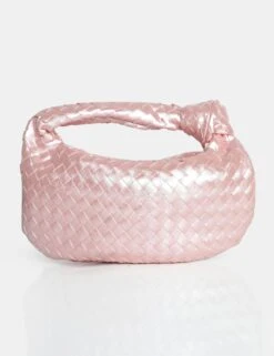 The Blame Baby Pink Pearlescent Woven PU Knot Detail Mini Grab Bag