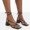 Aloha Wide Fit Black Lace Up Block Mid Heeled Sandals