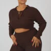 Curve Lace Up Ribbed Knitted Crop Top Chocolate