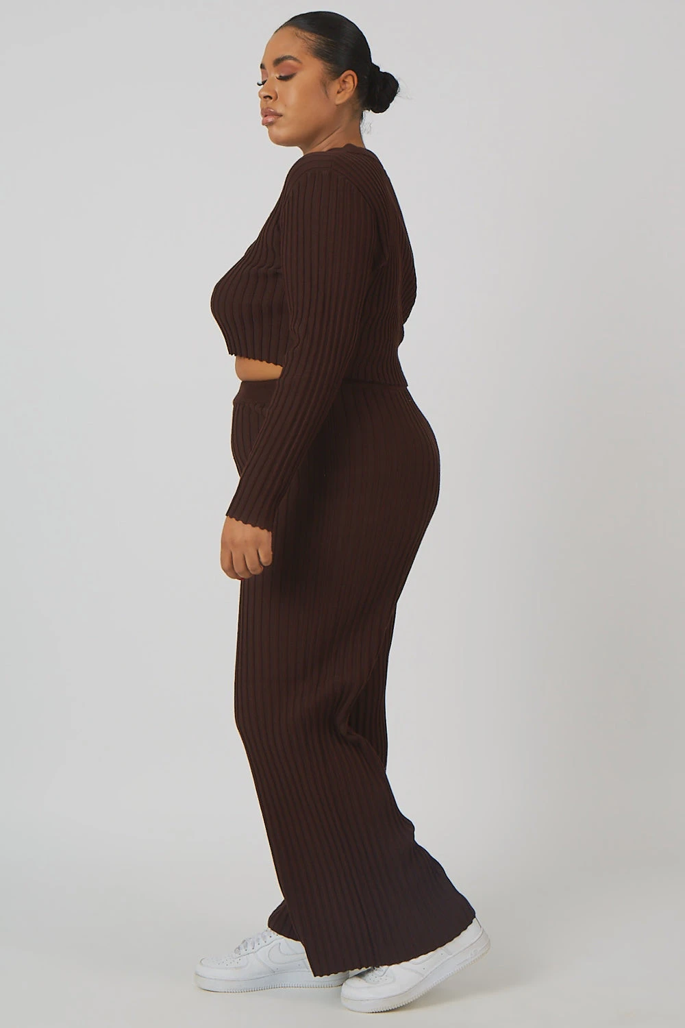 Curve Ribbed Knitted Wide Leg Trousers Chocolate - Image 3
