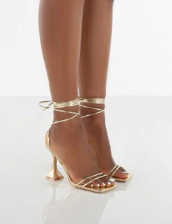 Dymond Gold Metallic Lace Up Square Toe Cake Stand Heels