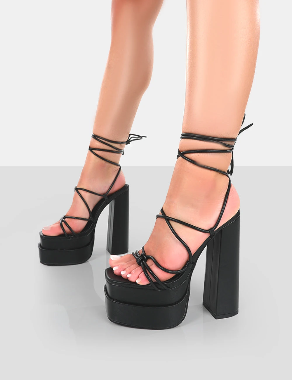 Glow Girl Black PU Lace Up Platform High Heels - Image 4