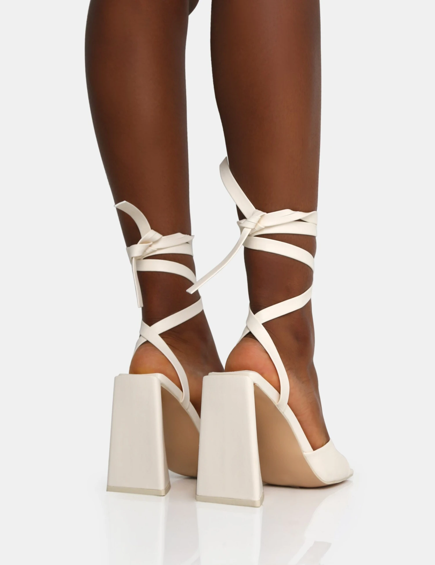 Mojito Wide Fit Ecru Pu Lace Up Pyramid Block Heels - Image 4