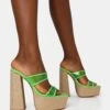 Carley Neon Lime Perspex Mule Square Toe Platform Raffia Block Heels