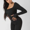 Long Sleeve Square Neck Ribbed Jumpsuit Black