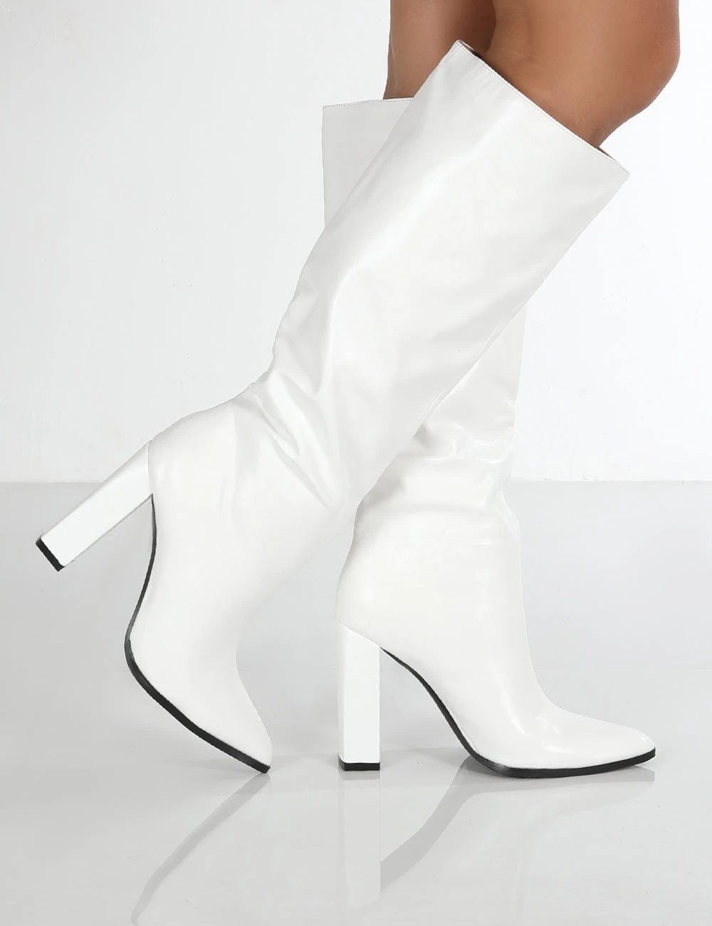 Posie Wide Fit White Pu Knee High Block Heel Boots - Image 2