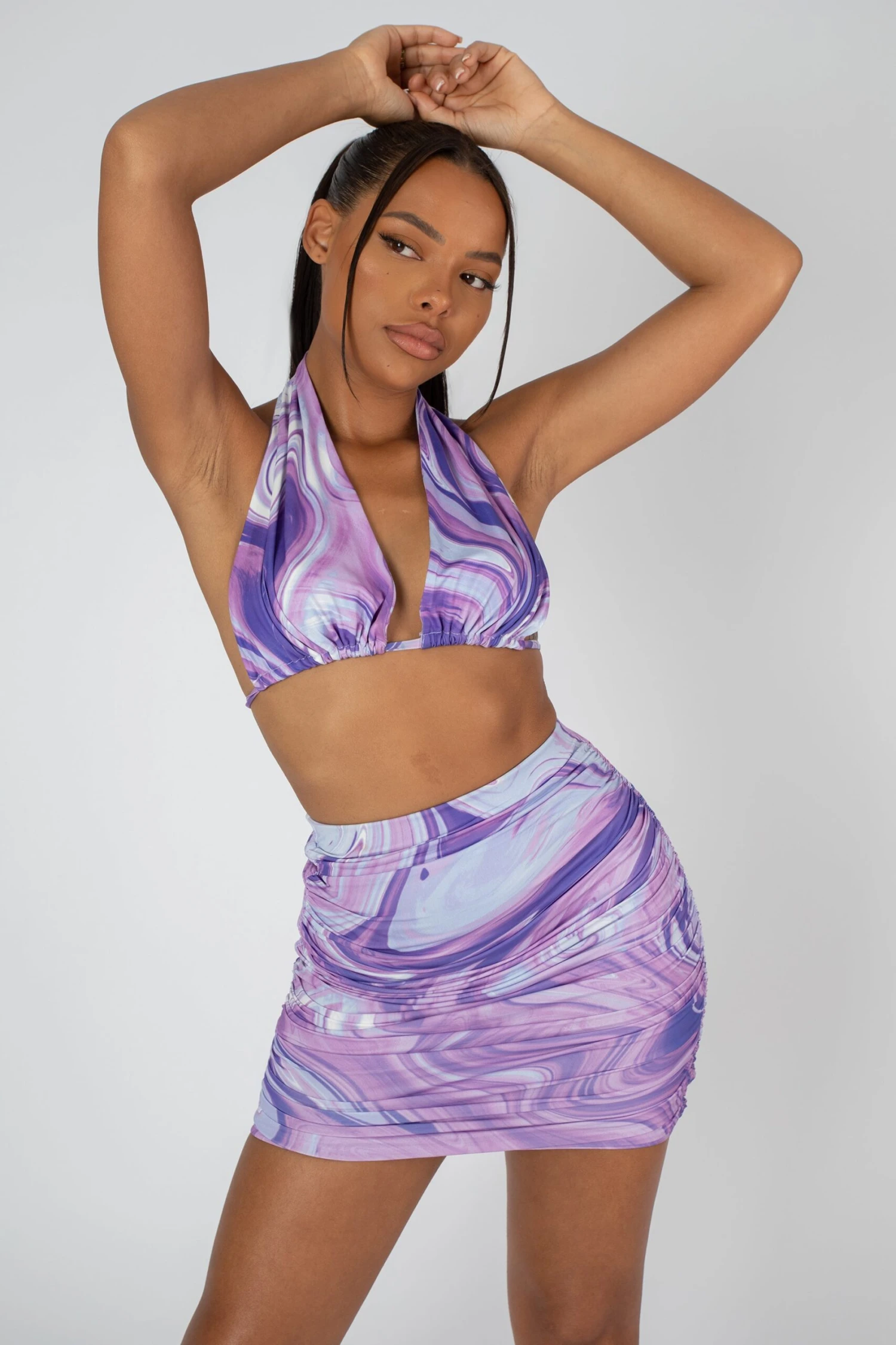 Slinky Ruched Mini Skirt Purple - Image 2