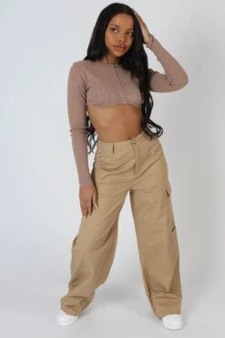 Wide Leg Pocket Detail Cargo Trouser Sand