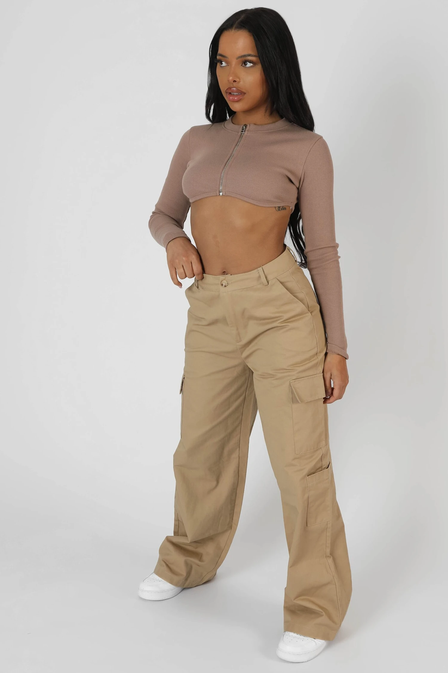 Zip Through Underbust Ribbed Top Sand - Image 3