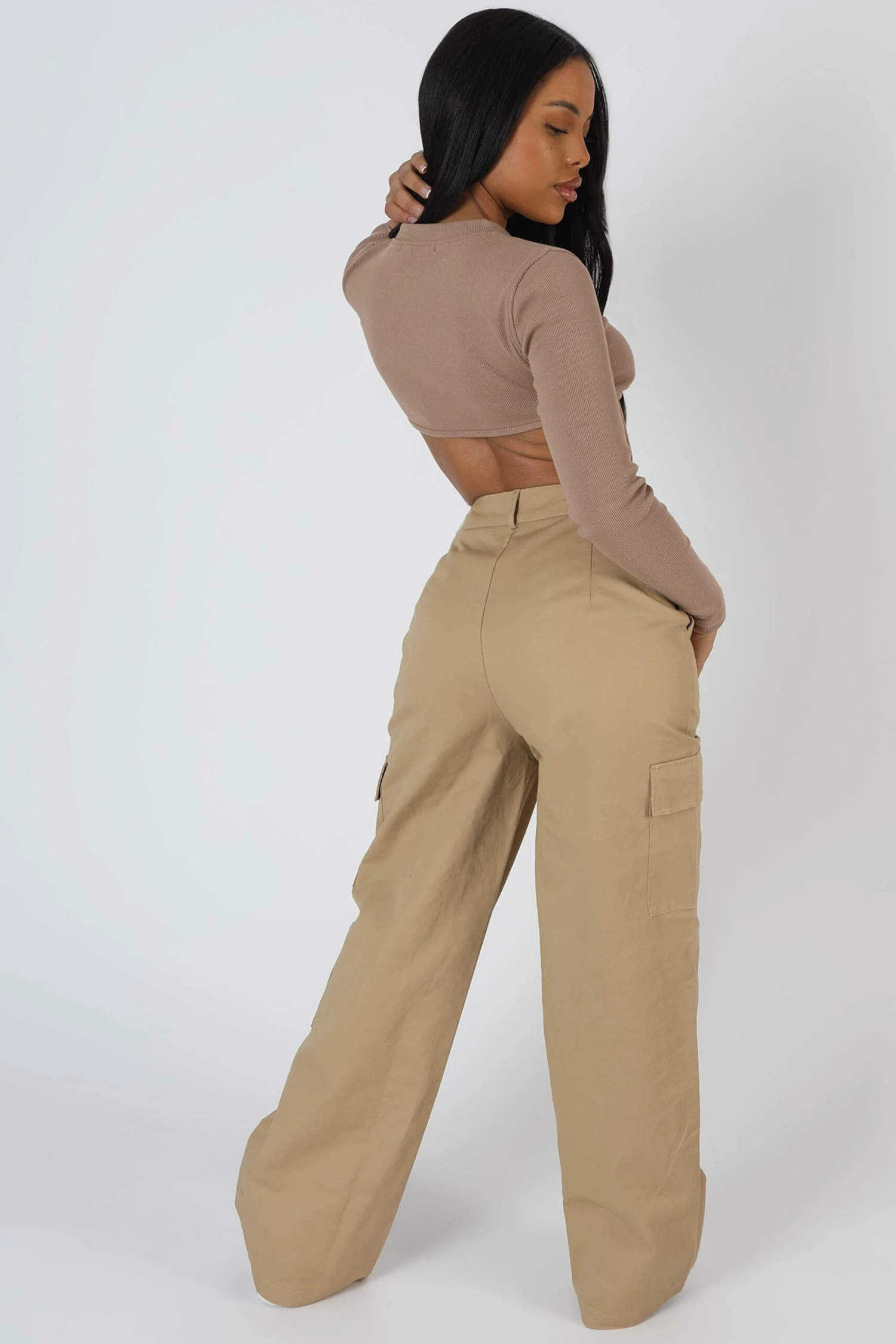 Zip Through Underbust Ribbed Top Sand - Image 4