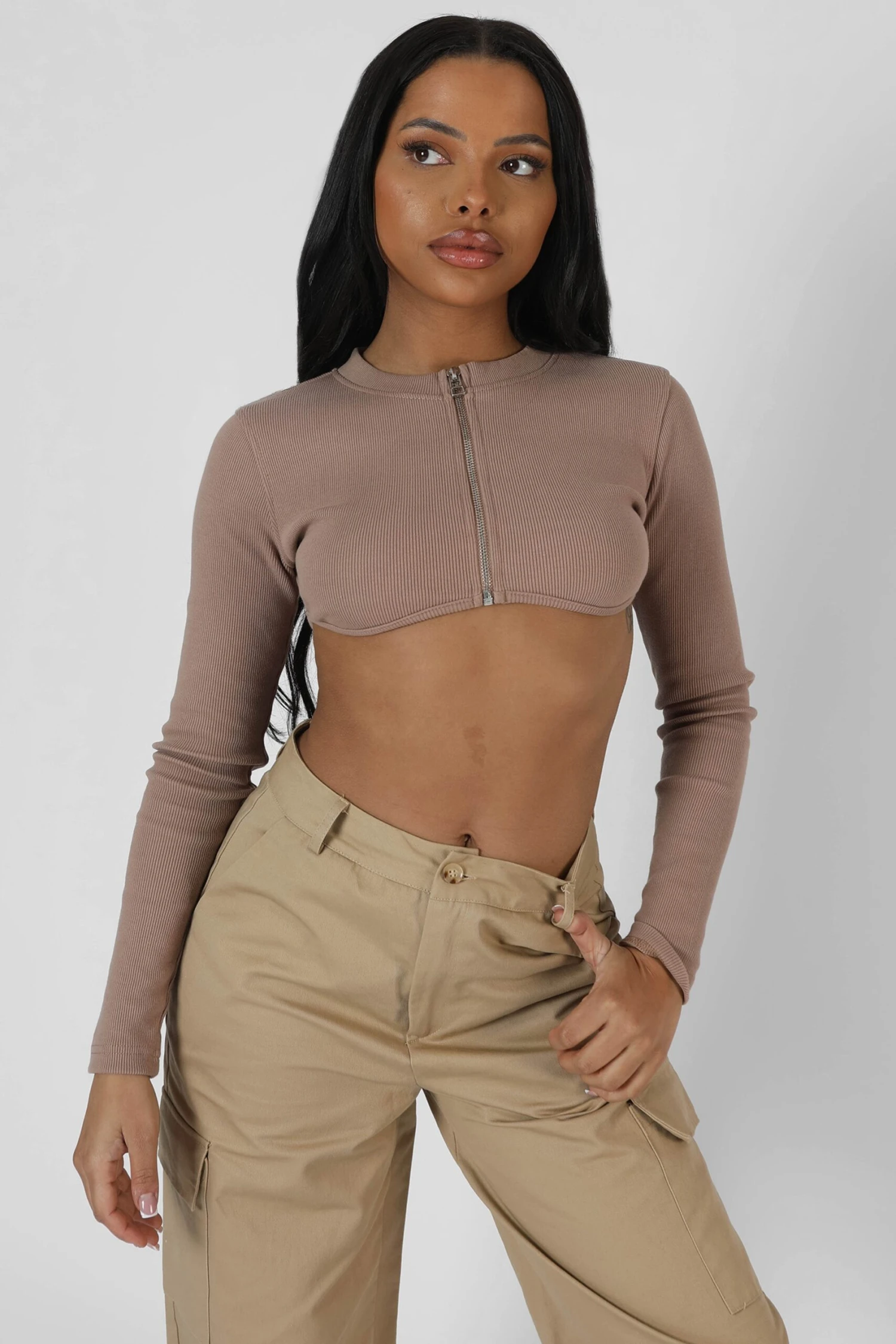 Zip Through Underbust Ribbed Top Sand - Image 2
