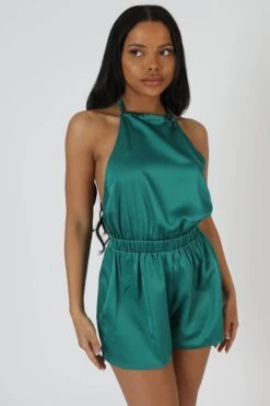 Halterneck Satin Playsuit Emerald