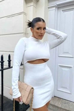 Long Sleeve Waist Cut Out Mini Dress Ivory