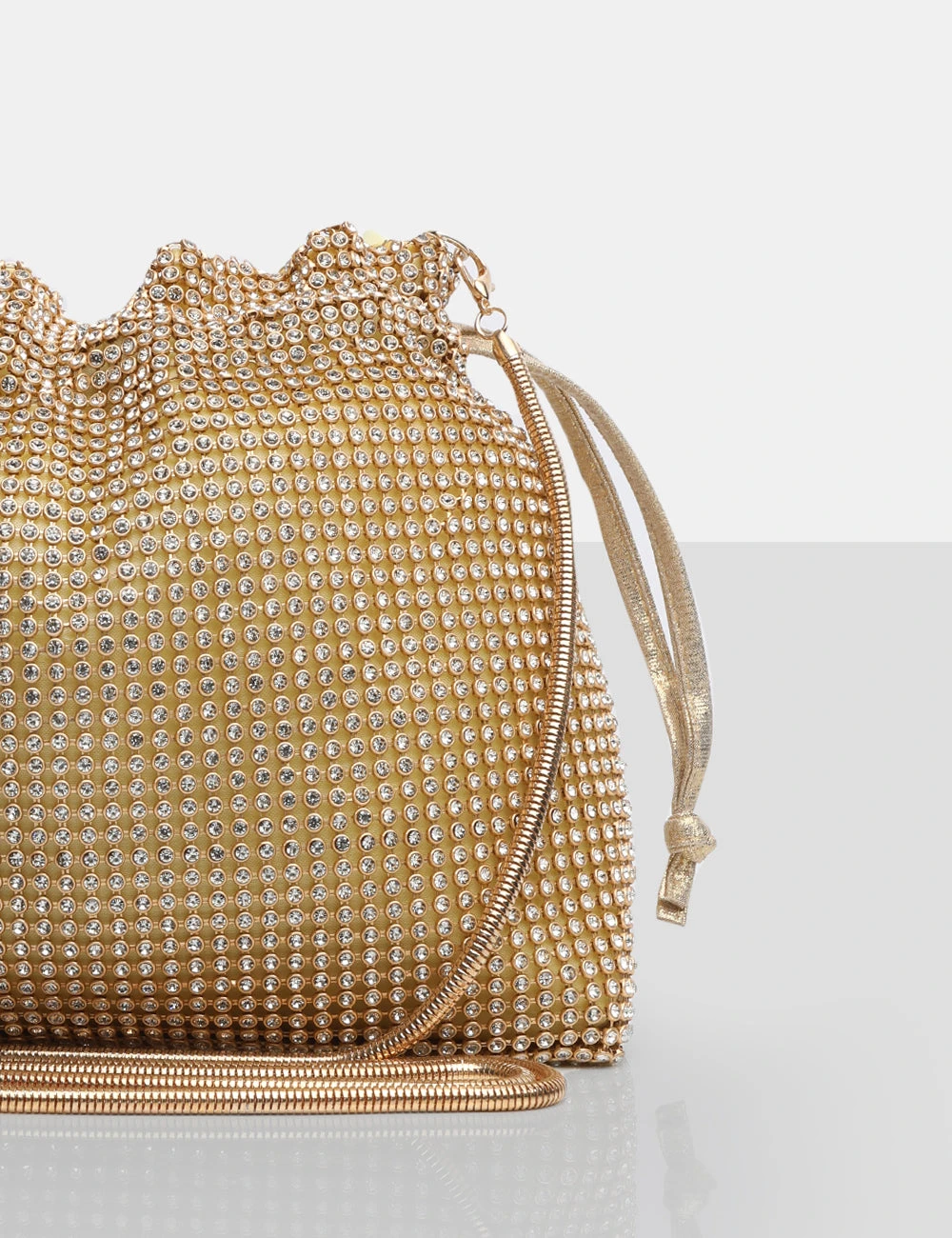 The Claudette Gold Diamante Draw String Crossbody Bag - Image 3