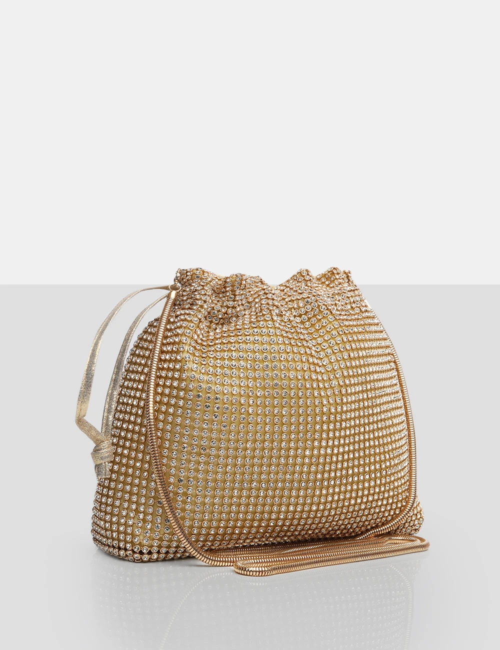 The Claudette Gold Diamante Draw String Crossbody Bag - Image 2