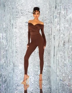 Second Skin Off Shoulder Ruched Unitard Jumpsuit Brown