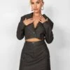 Kaiia Distressed Leather Look Cropped Blazer Co-ord In Brown