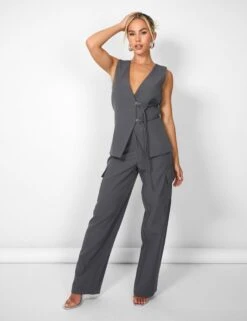 Public Desire Kaiia Wide Leg Cargo Trousers In Charcoal Grey