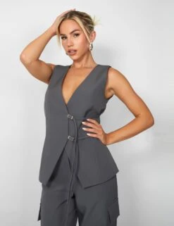 Public Desire Kaiia Strap Detail Waistcoat In Charcoal Grey