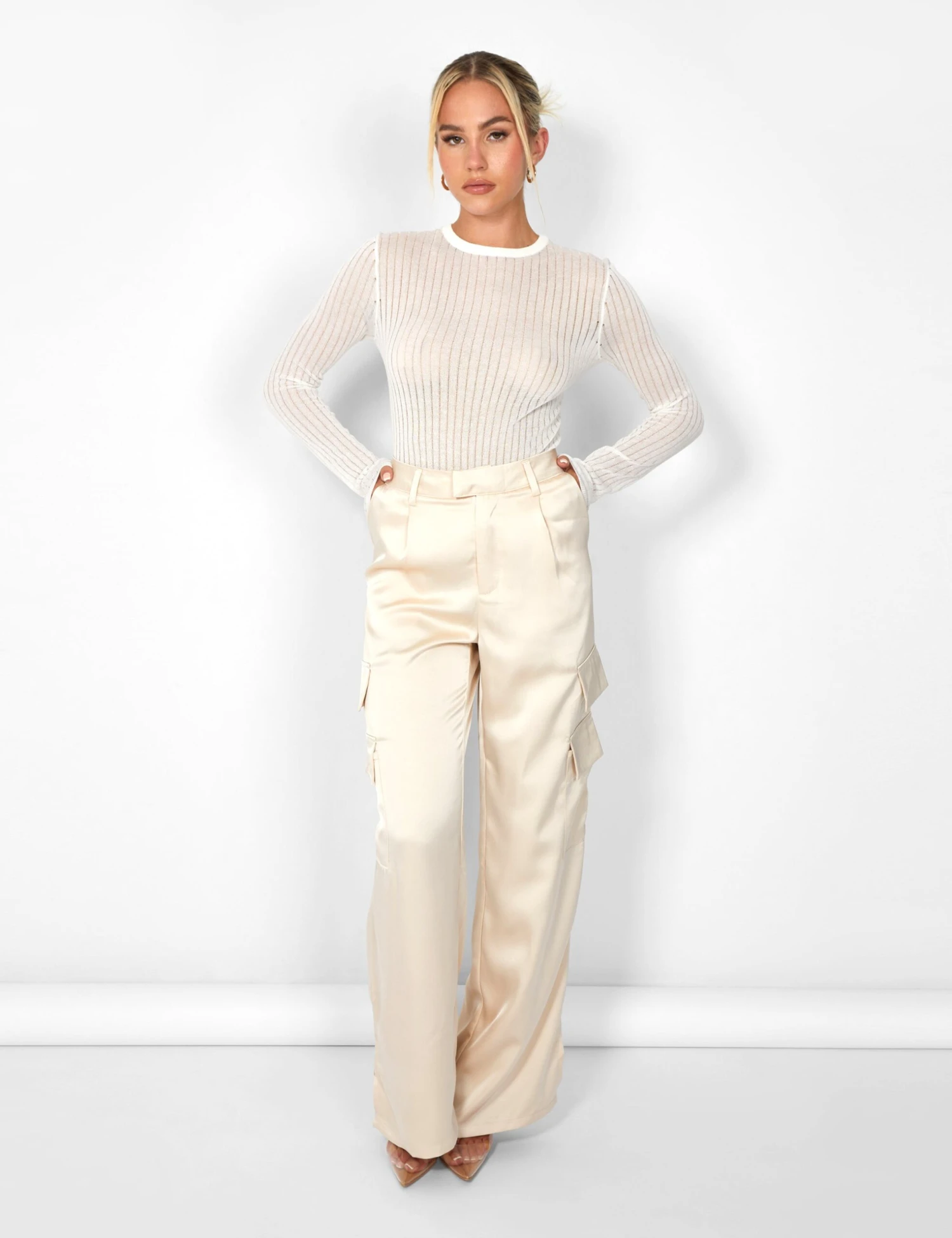 Kaiia Satin Wide Leg Cargos In Beige - Image 2