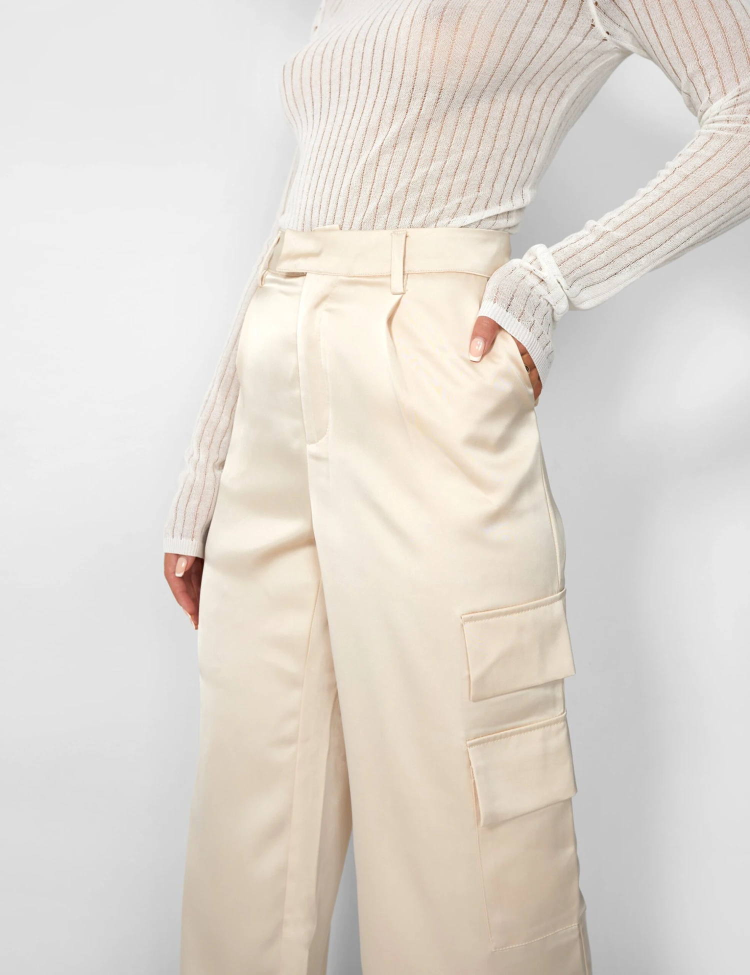 Kaiia Satin Wide Leg Cargos In Beige - Image 4