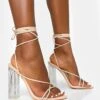 Clara Nude Pu Strappy Lace Up Round Toe Clear Perspex Heels