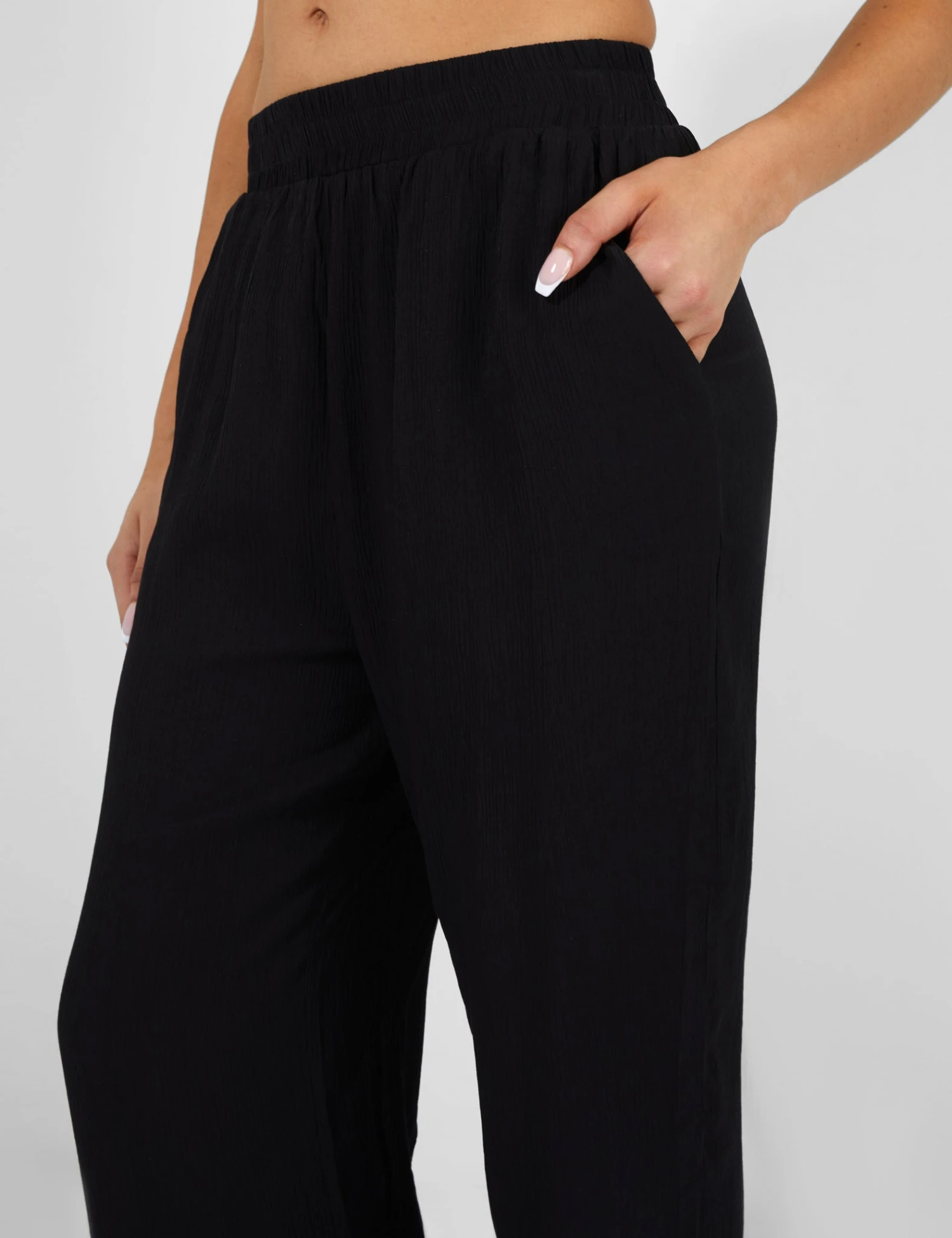 Crinkle Elasticated Waist Wide Leg Trousers Black - Image 3